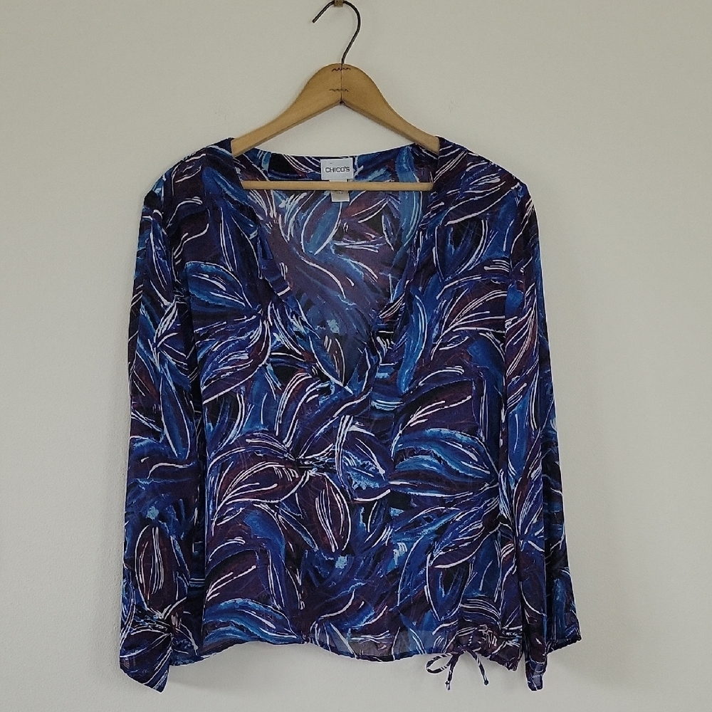 Chico's Silk Blue Purple Vneck Popover Blouse Size Large